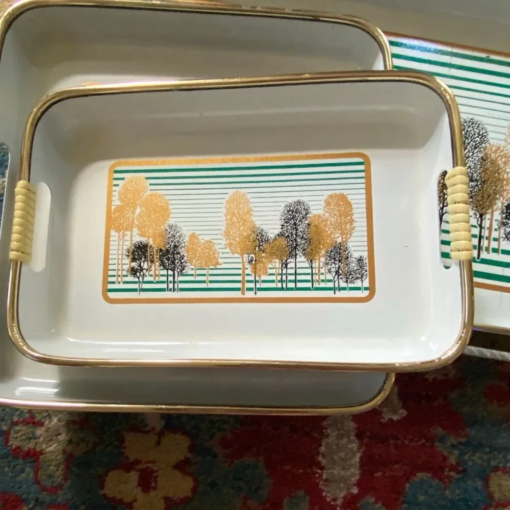 Vintage Set JAPAN Nesting Lacquerware Serving Trays Cream Trees
